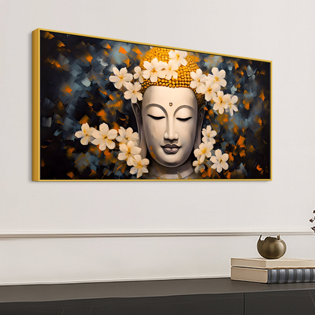 Serene Buddha Wall Painting with White Flowers