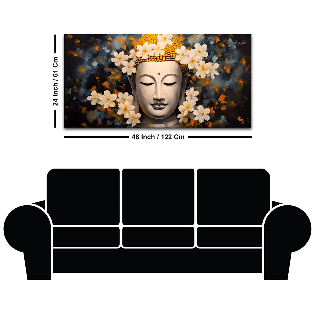 Serene Buddha Wall Painting with White Flowers