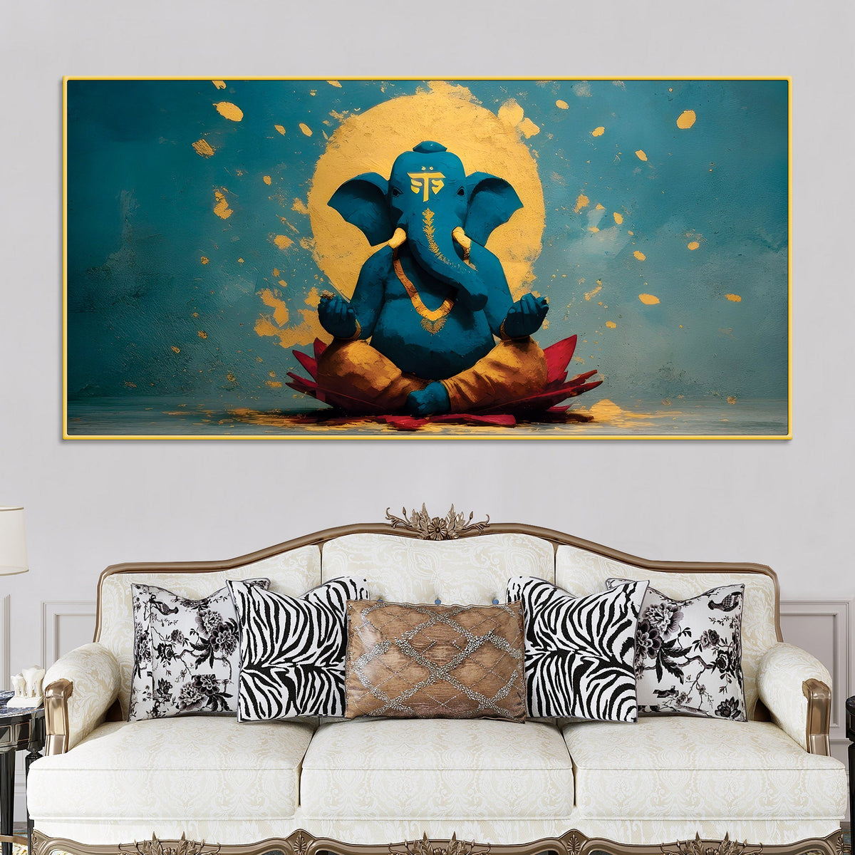 Serene Lord Shri Ganesh Sitted Peacefully in Meditation Creative Canvas Wall Painting for Home & Office Decor – Modern Devotional Wall Art
