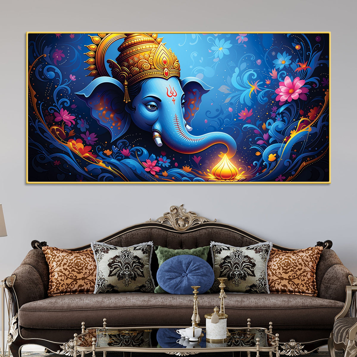 Serene Lord Shri Ganesha Blue Floral Themed Canvas Wall Painting for Home & Office – Luxury Spiritual Decor