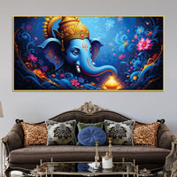 Serene Lord Shri Ganesha Blue Floral Themed Canvas Wall Painting for Home & Office – Luxury Spiritual Decor