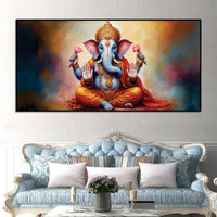 Serene Lord Shri Ganesha Giving Blessings Portrait Wall Painting for Home Interior – Modern Devotional Canvas Wall Art for Home
