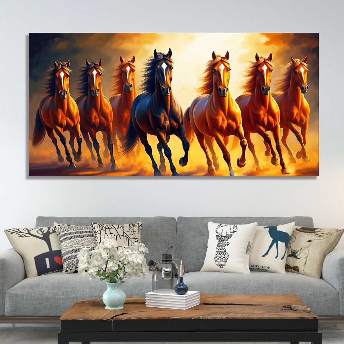 Seven Horses Running at Sunset Wooden Canvas Wall Painting