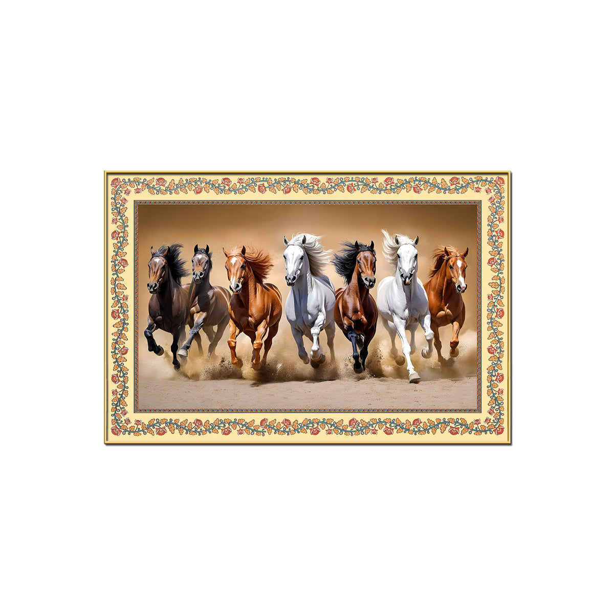 Seven Horses Running in Desert Floral Border Canvas Wall Painting