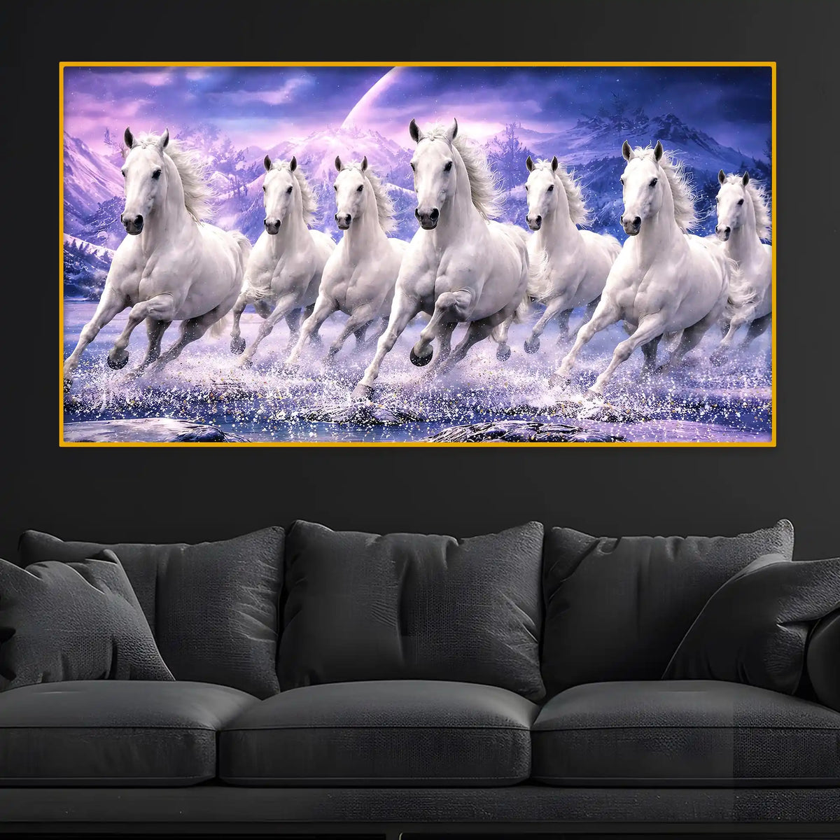 Seven White Horses Energy Crystal Glass Painting