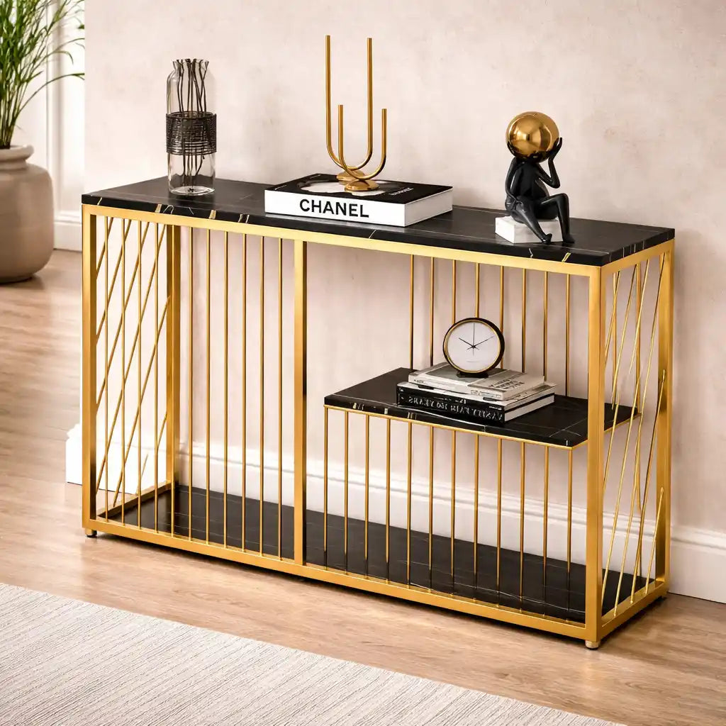 Shelf Sintered Stone Top Black & Gold Console Table