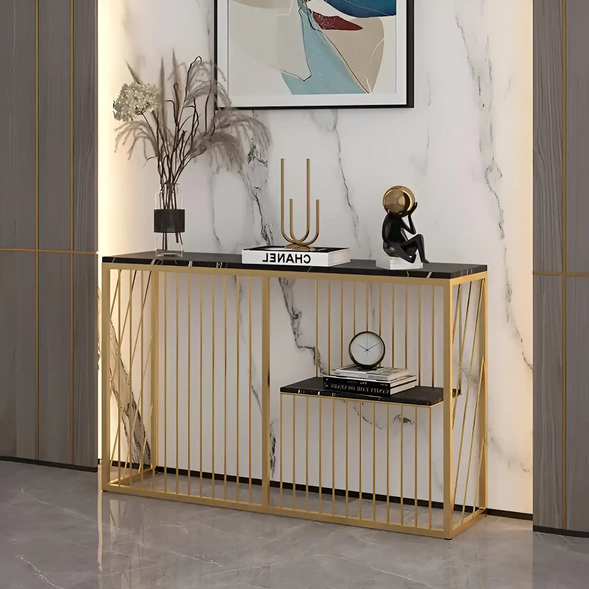 Shelf Sintered Stone Top Black & Gold Console Table
