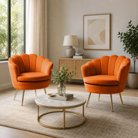 Shell Motif Luxury Design Orange Velvet Accent Chair