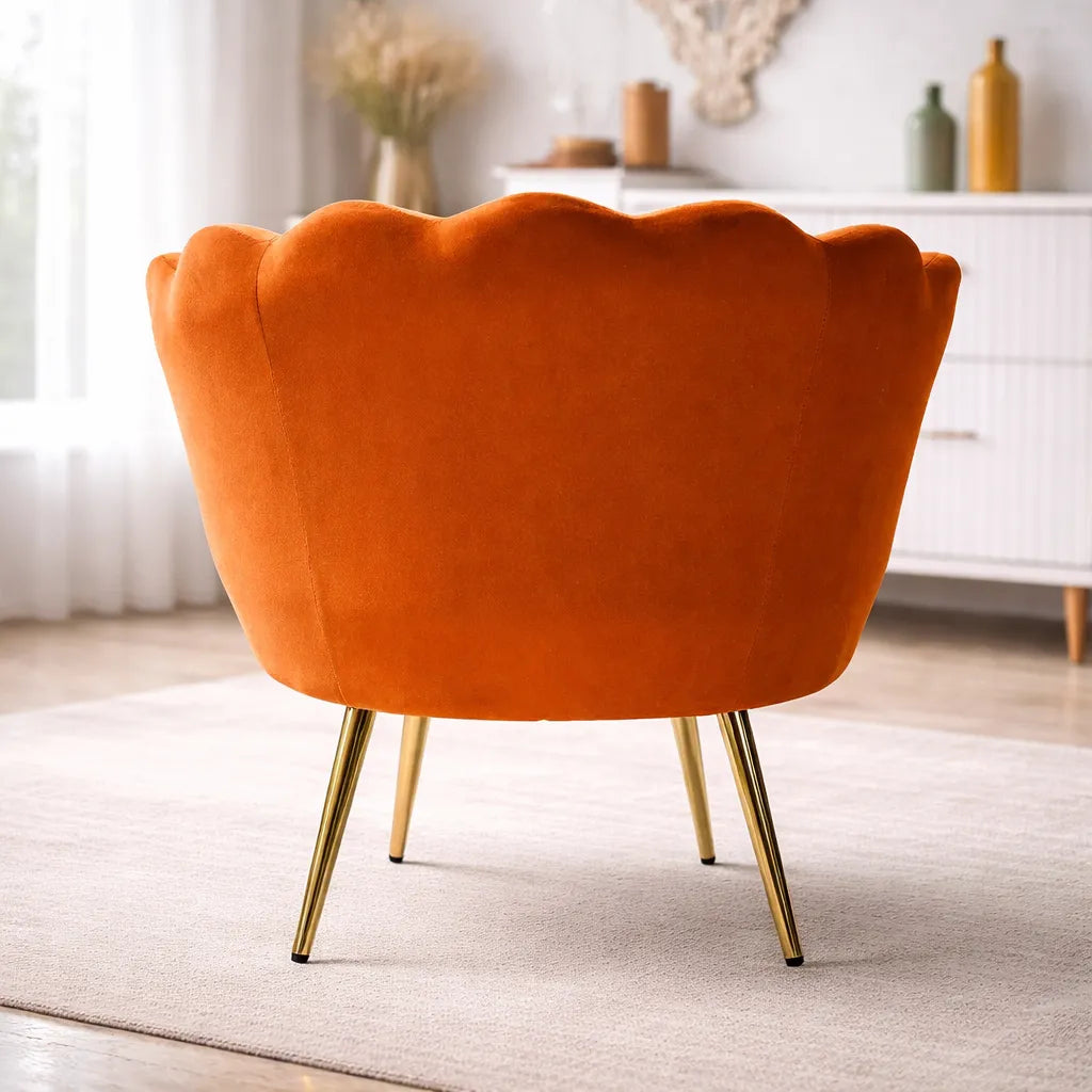 Shell Motif Luxury Design Orange Velvet Accent Chair