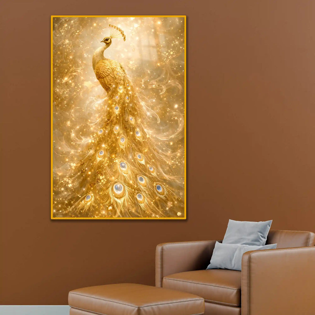 Shimmery Golden Peacock Floating Frame Crystal Wall Painting