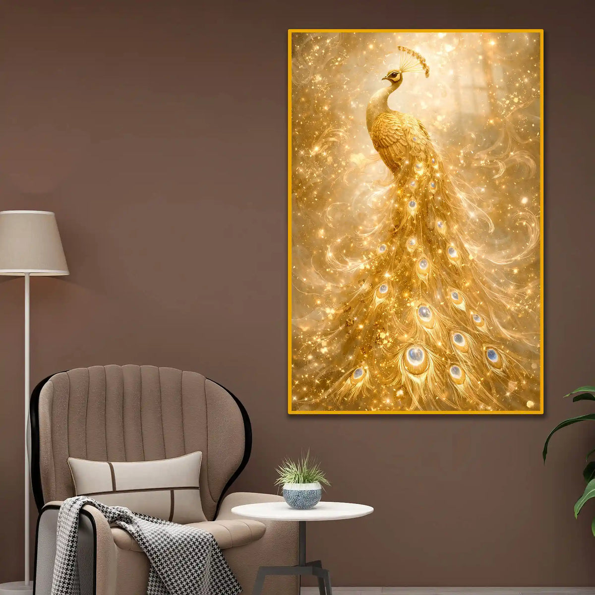 Shimmery Golden Peacock Floating Frame Crystal Wall Painting