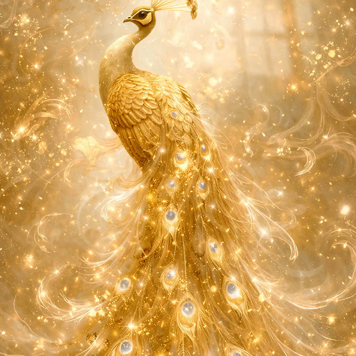 Shimmery Golden Peacock Floating Frame Crystal Wall Painting