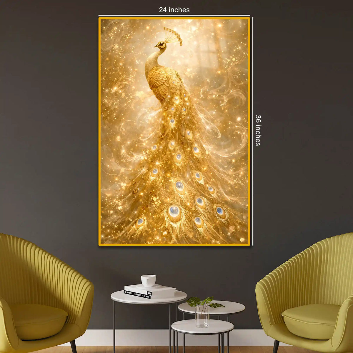 Shimmery Golden Peacock Floating Frame Crystal Wall Painting