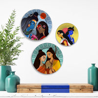 Shiva Parvati Ram Sita & Radha Krishna Premium Wall Plates Painting Set of 3