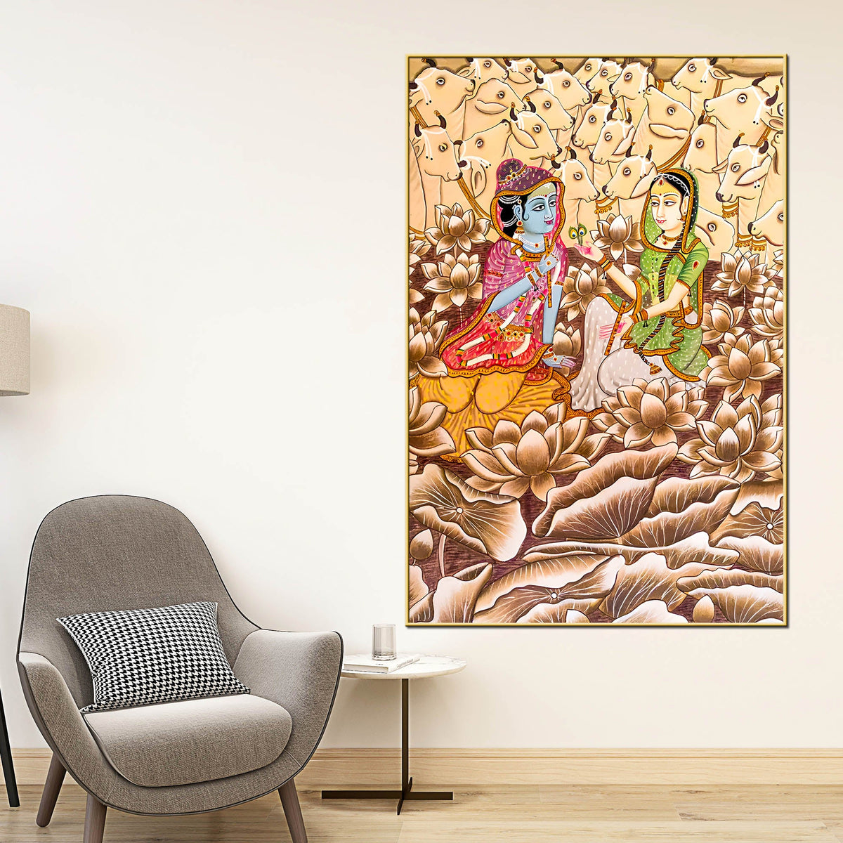 Shree Radha Krishna With Sacred Cows Traditional Indian Canvas Wall Painting