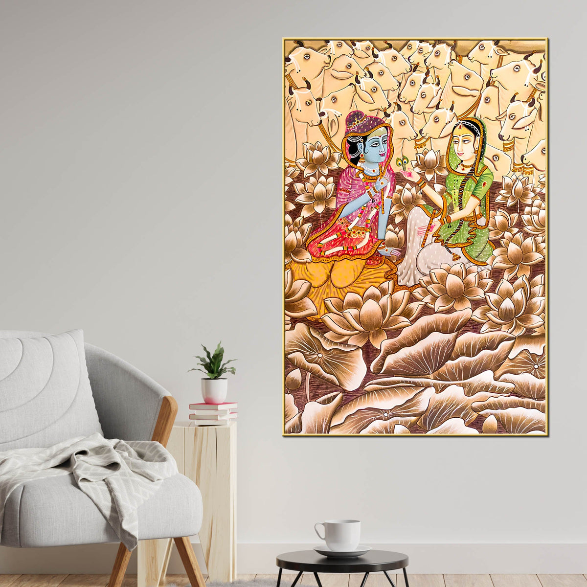 Shree Radha Krishna With Sacred Cows Traditional Indian Canvas Wall Painting