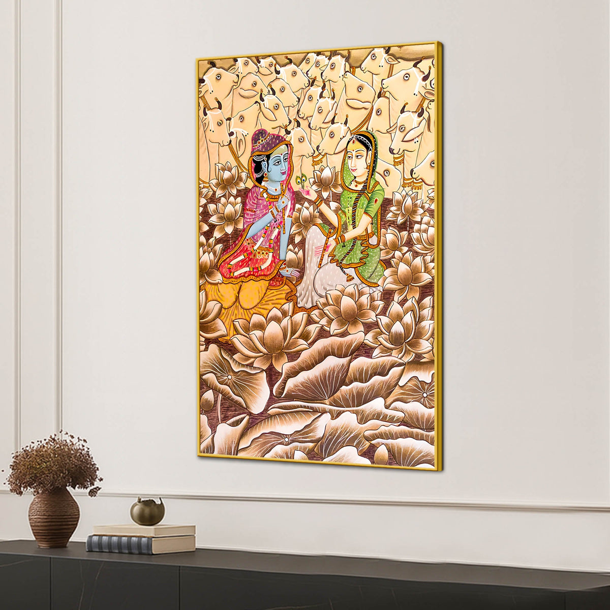 Shree Radha Krishna With Sacred Cows Traditional Indian Canvas Wall Painting