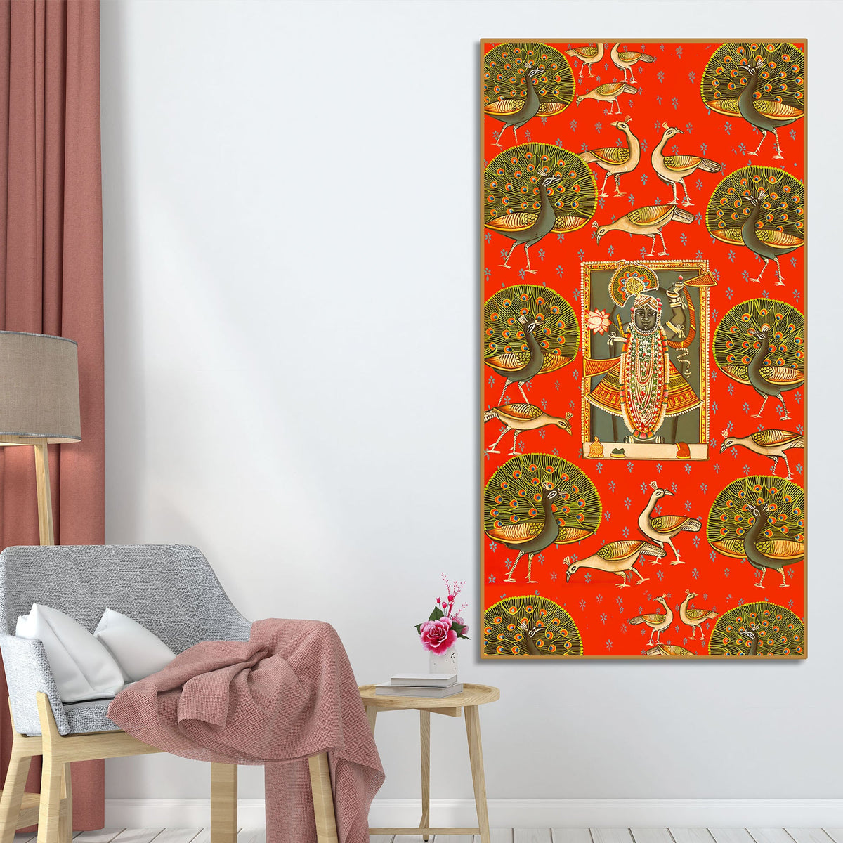 Shreenathji Pichwai Canvas Painting with Peacock | Traditional Wall Art