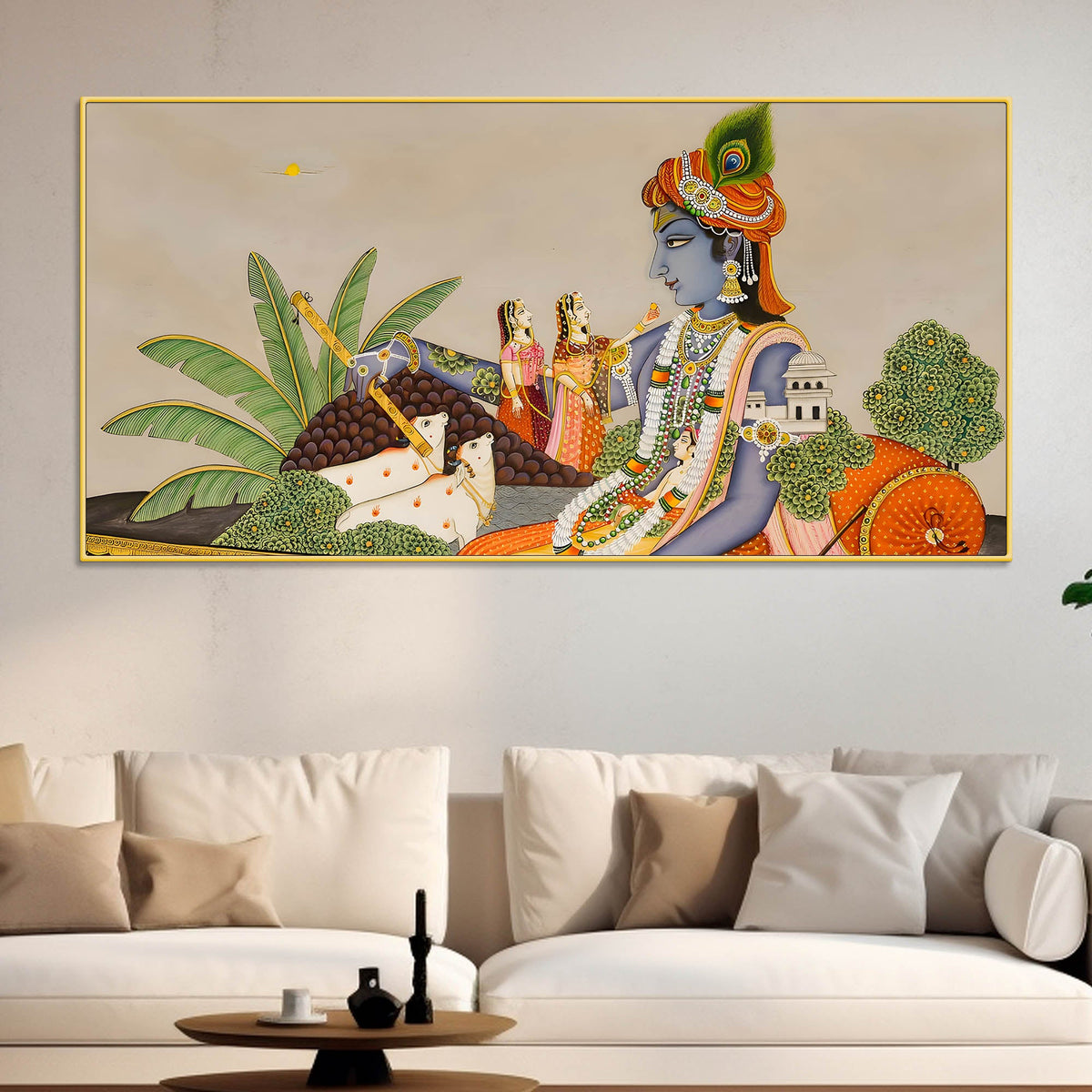 Shri Krishna with Gopis & Cows Pichwai Canvas Wall Painting – Traditional Indian Decor