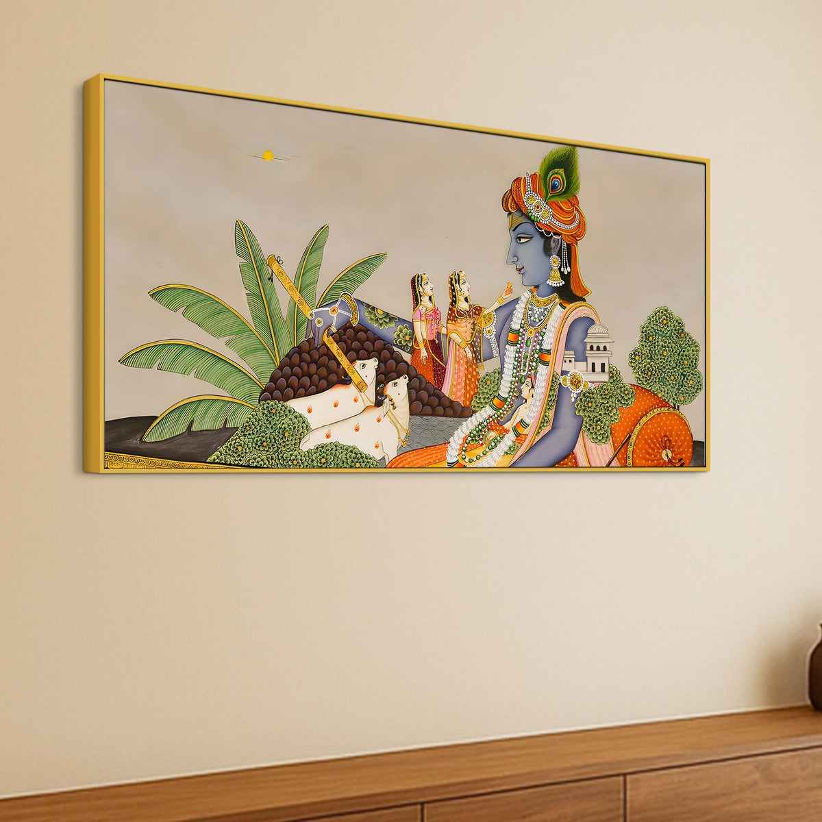 Shri Krishna with Gopis & Cows Pichwai Canvas Wall Painting – Traditional Indian Decor