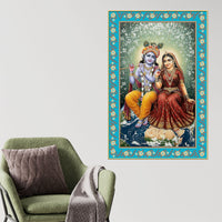 Shri Krishna with Radha Rani Floral Border Vertical Canvas Wall Painting