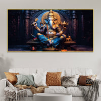 Shri Vighnaharta Lord Ganesha Auspicious Golden Sculpture Canvas Wall Painting for Home & Office – Modern Religious Wall Decor