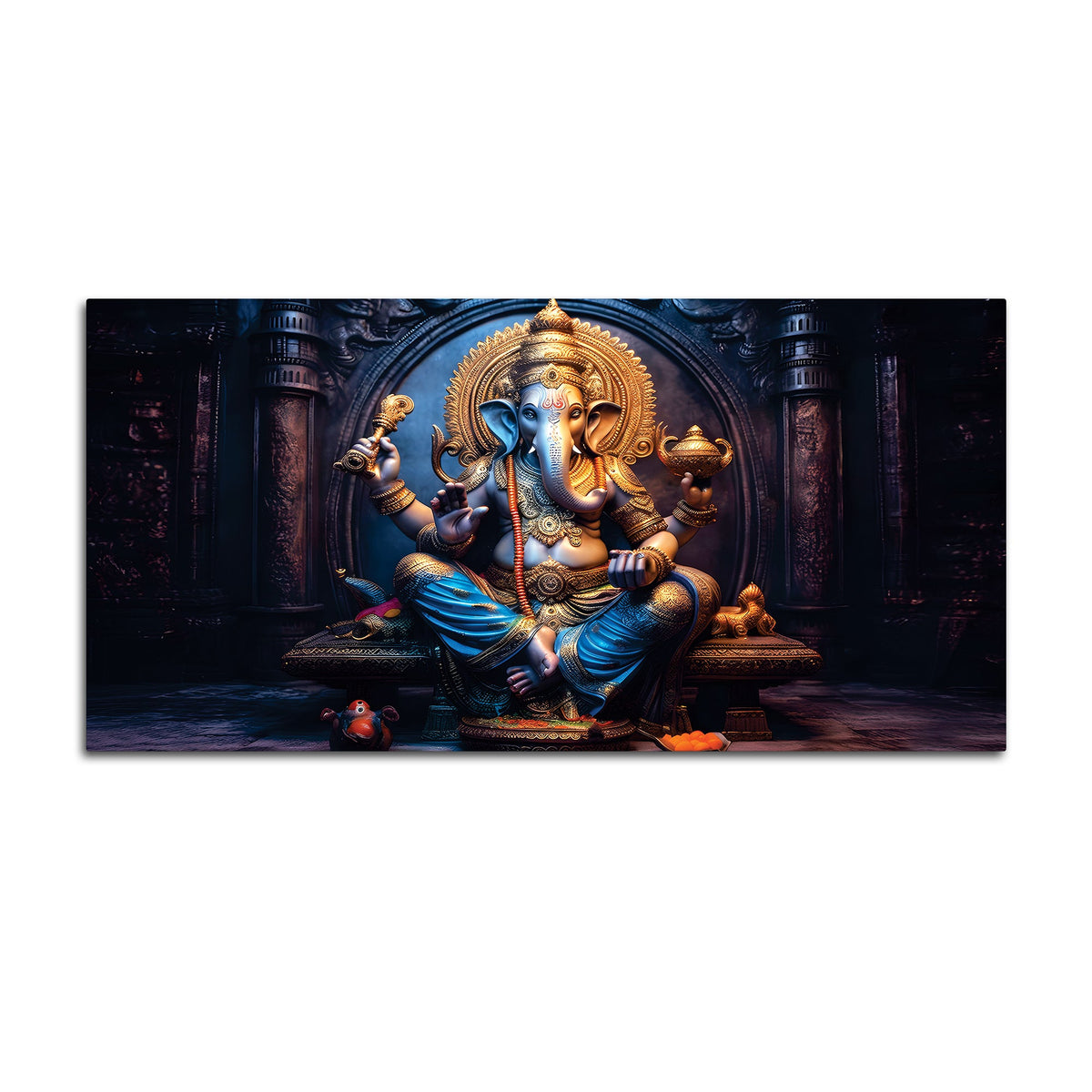 Shri Vighnaharta Lord Ganesha Auspicious Golden Sculpture Canvas Wall Painting for Home & Office – Modern Religious Wall Decor