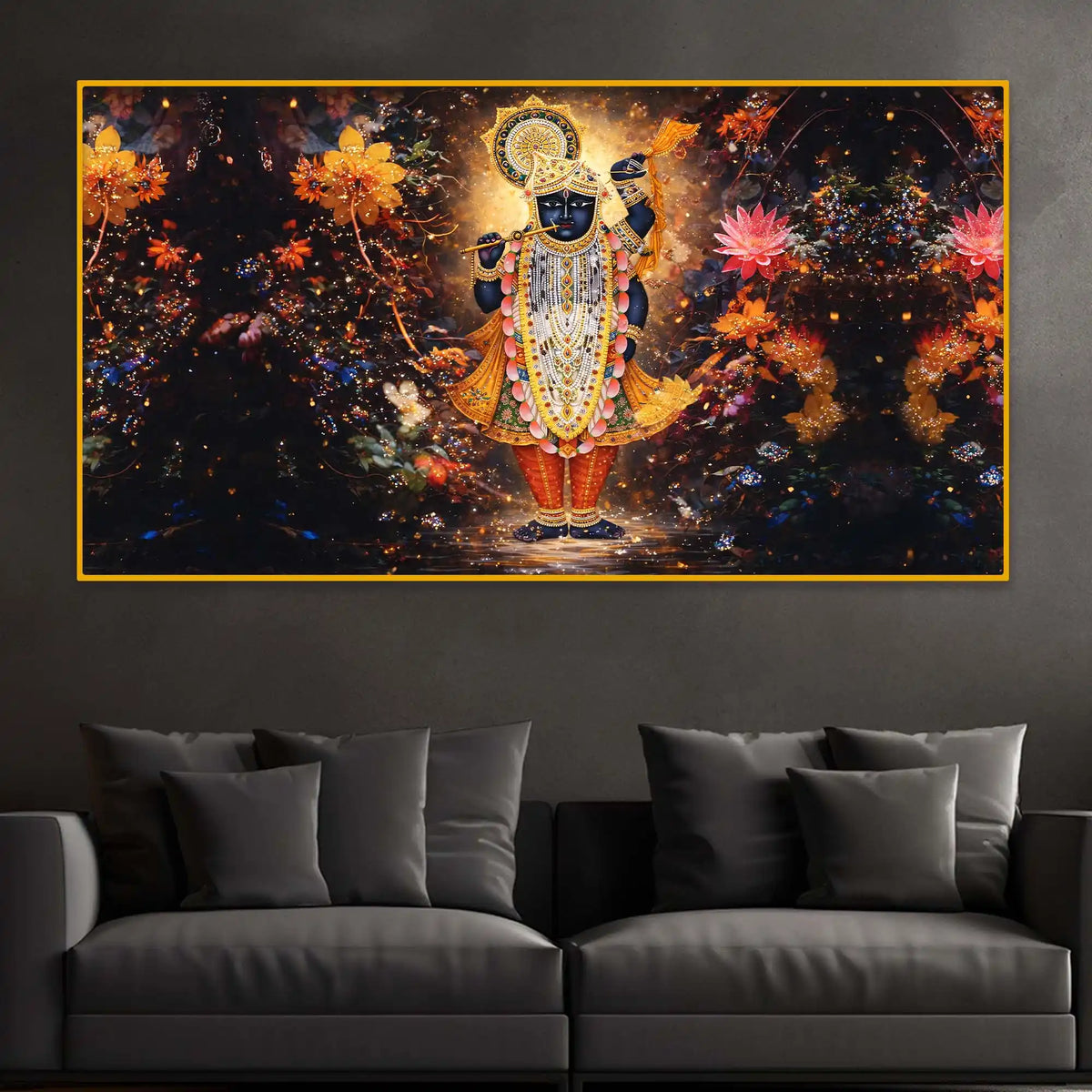 Shrinath Ji Bhagwan Crystal Glass Wall Painting with Floral Glow
