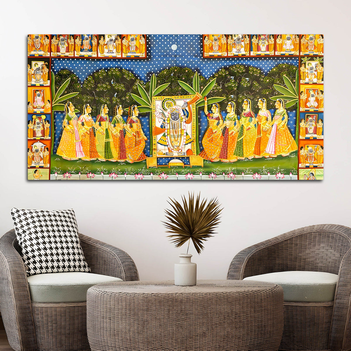 Shrinathji with Ashtasakhi Pichwai Canvas Painting – Nathdwara Wall Art