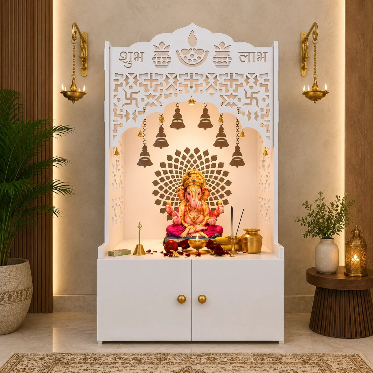 Shubh Labh Engraving White Wooden Floor Cabinet Home Temple