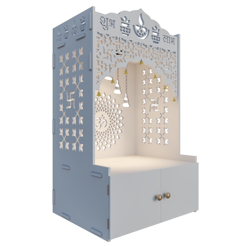 Shubh Labh Engraving White Wooden Floor Cabinet Home Temple