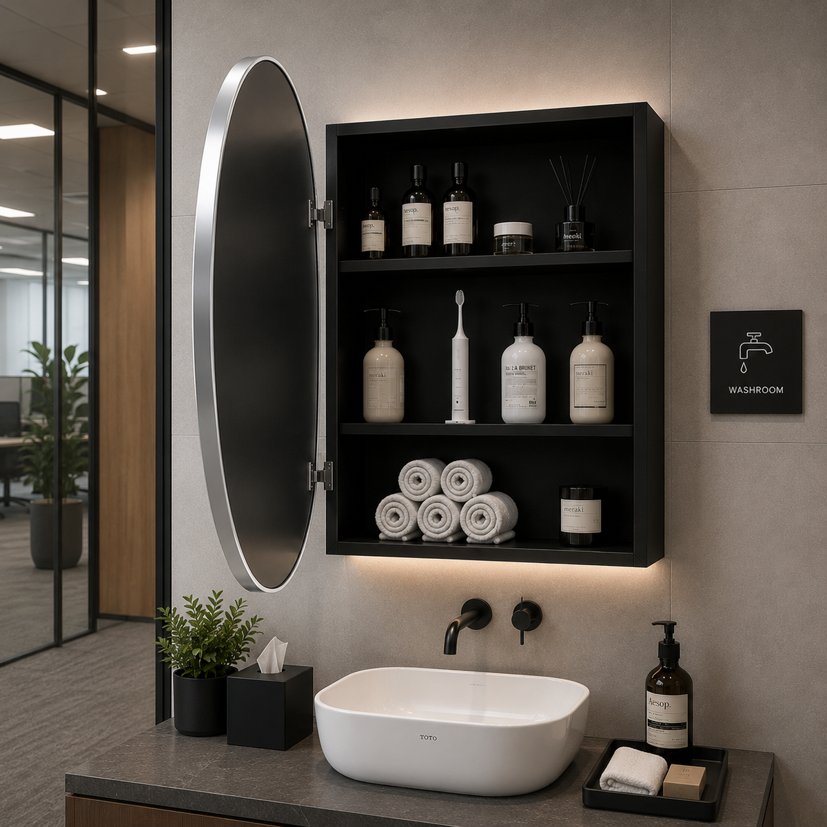 Sleek Black Edge Round Mirror Cabinet for Bathroom or Dressing Area