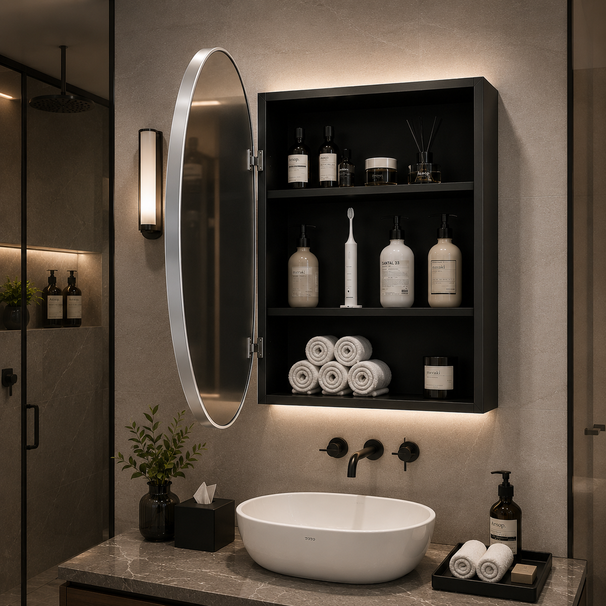 Sleek Black Edge Round Mirror Cabinet for Bathroom or Dressing Area