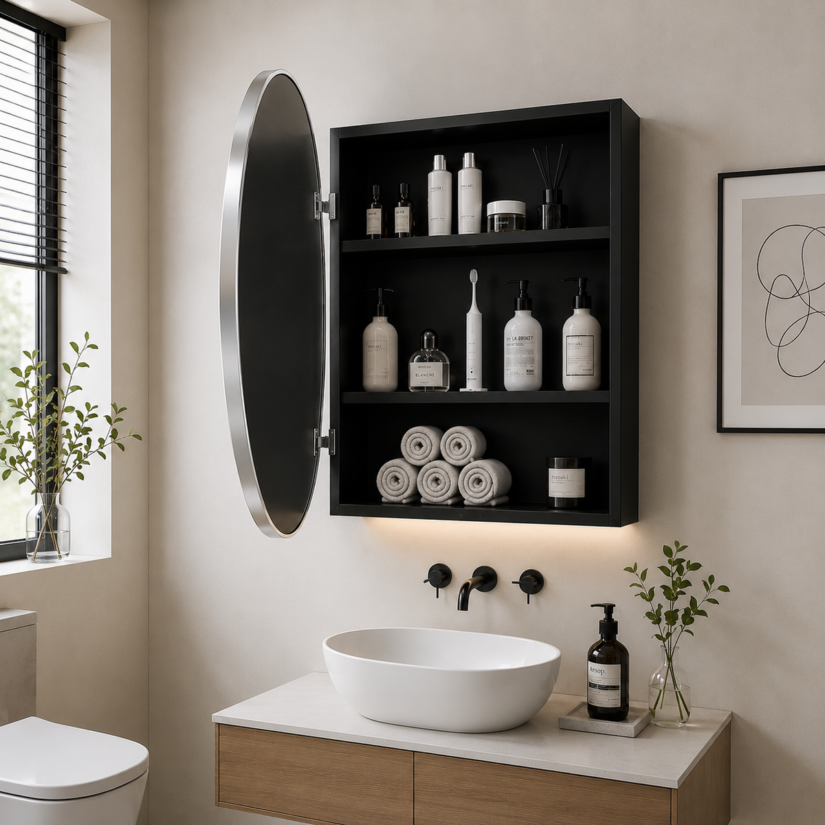 Sleek Black Edge Round Mirror Cabinet for Bathroom or Dressing Area