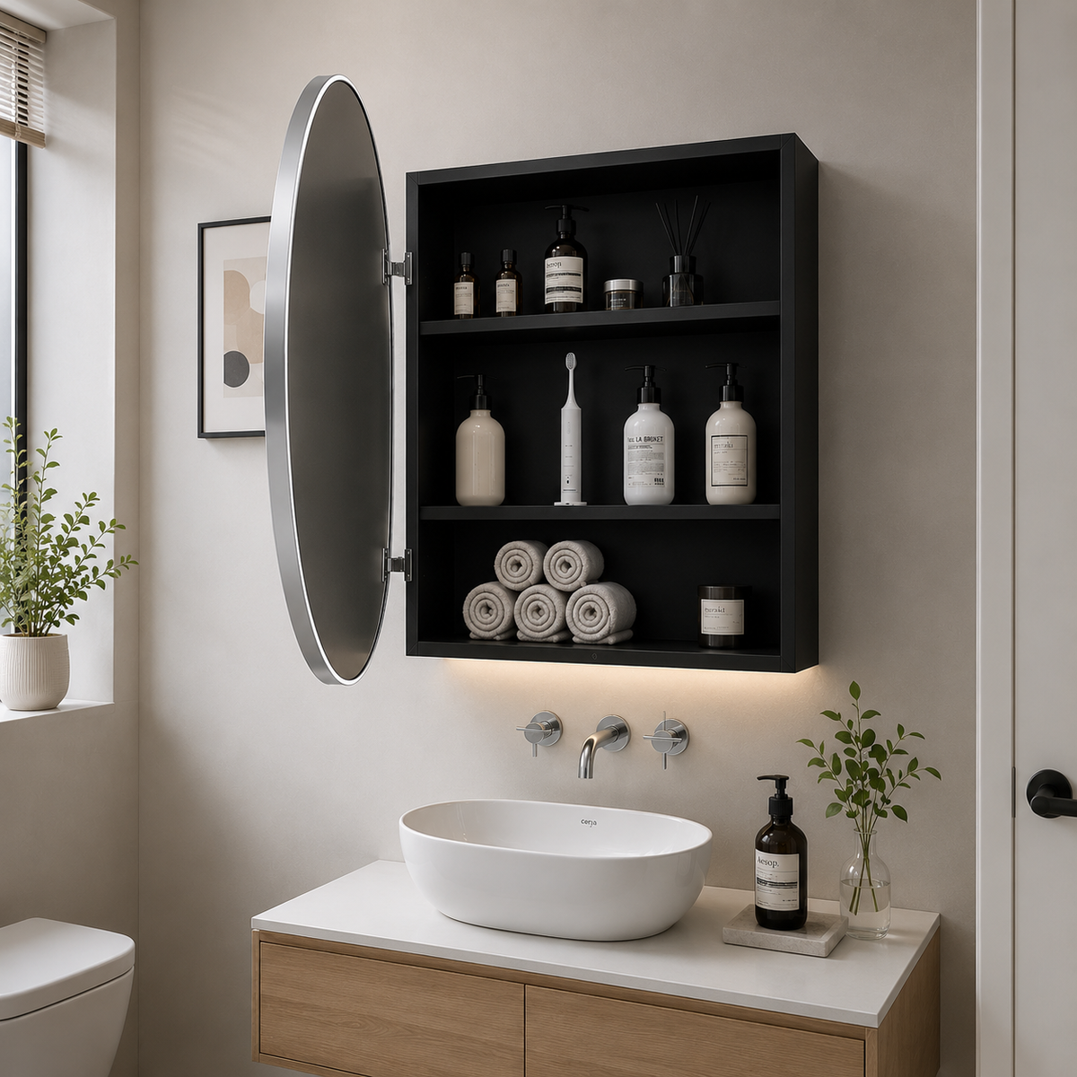 Sleek Black Edge Round Mirror Cabinet for Bathroom or Dressing Area