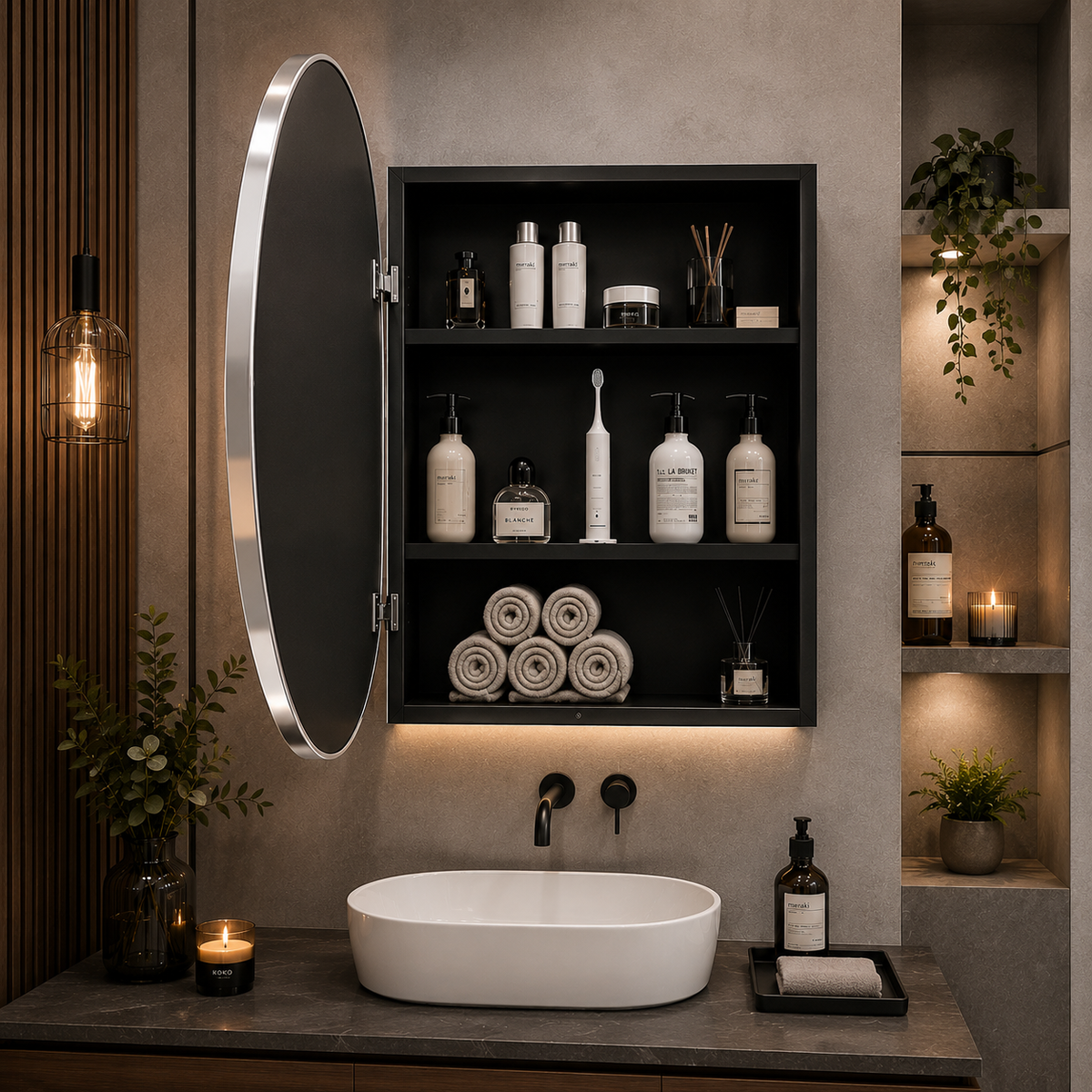 Sleek Black Edge Round Mirror Cabinet for Bathroom or Dressing Area