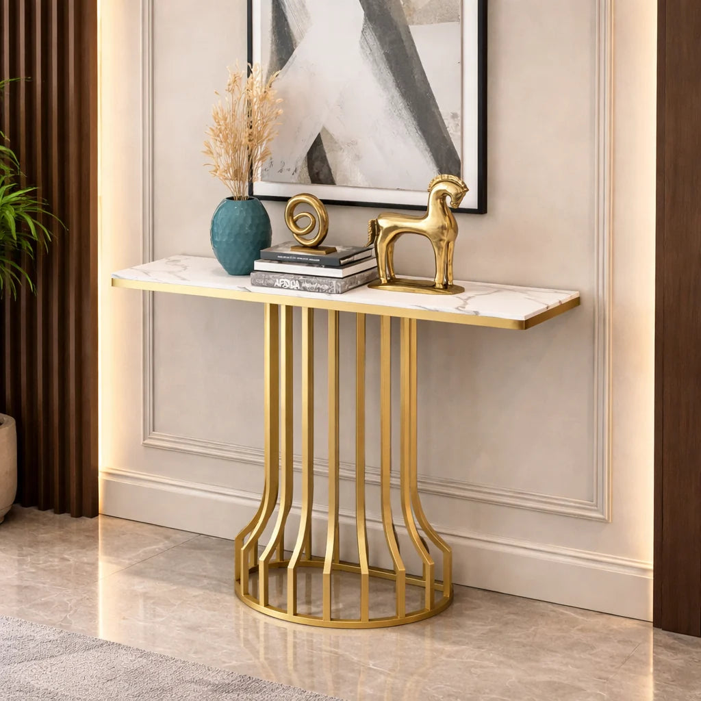 Sleek Black Marble Console Table with Gold Vertical Bar Base