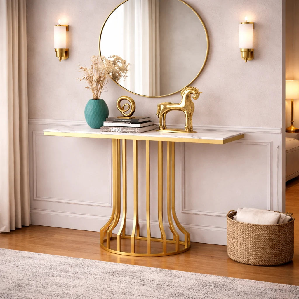 Sleek Black Marble Console Table with Gold Vertical Bar Base