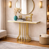 Sleek Black Marble Console Table with Gold Vertical Bar Base