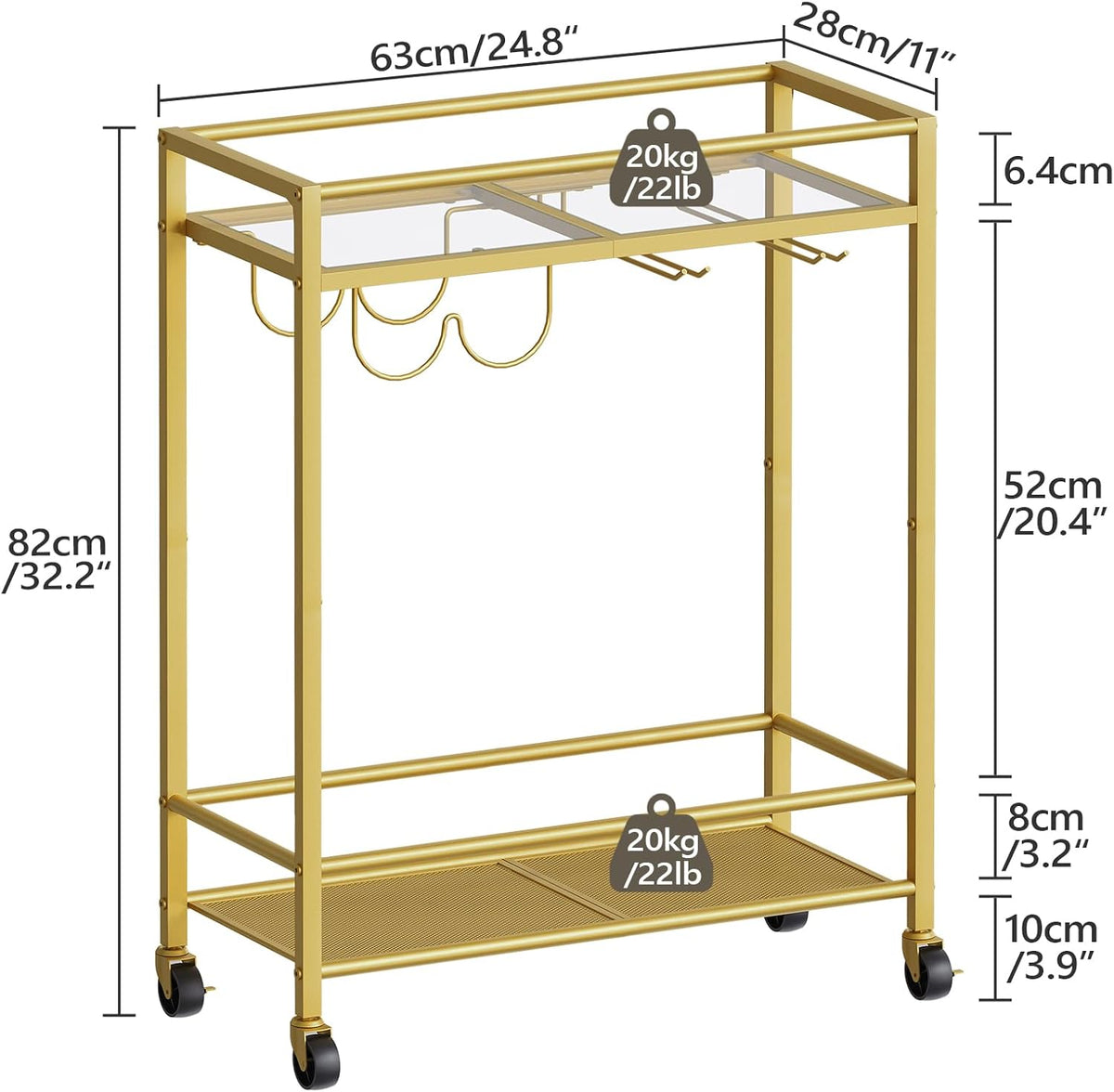 Sleek Gold Bar Cart Trolley with Wine Bottle & Glass Racks