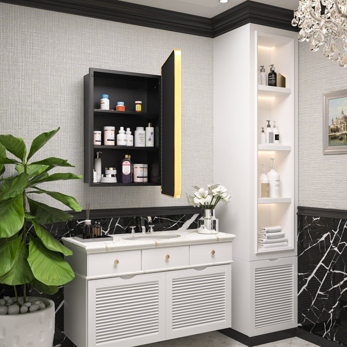 Sleek Golden Edge Mirror Cabinet with Storage Shelves