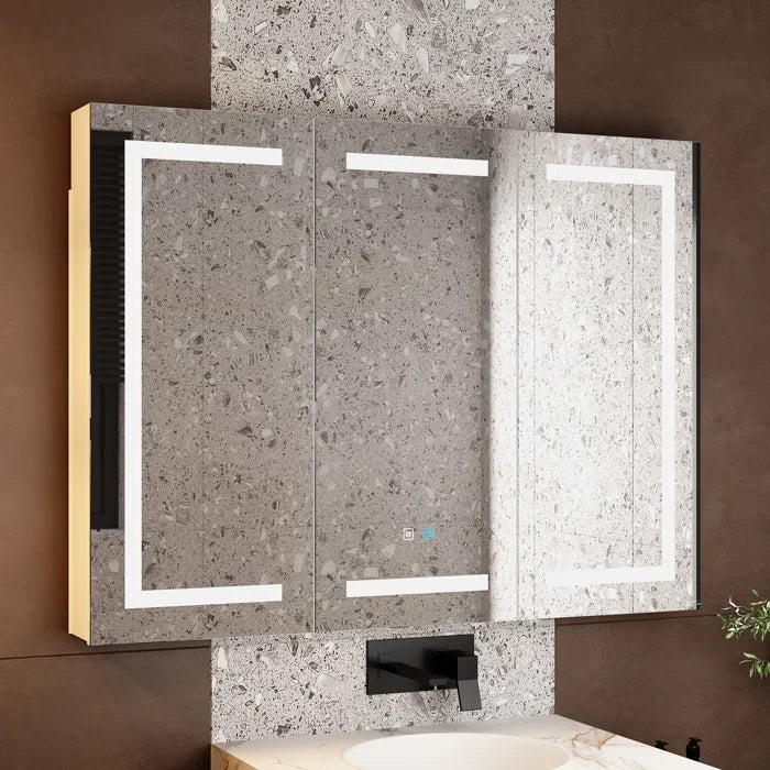Sleek LED Mirror Cabinet with Tri-Fold Doors and Interior Storage