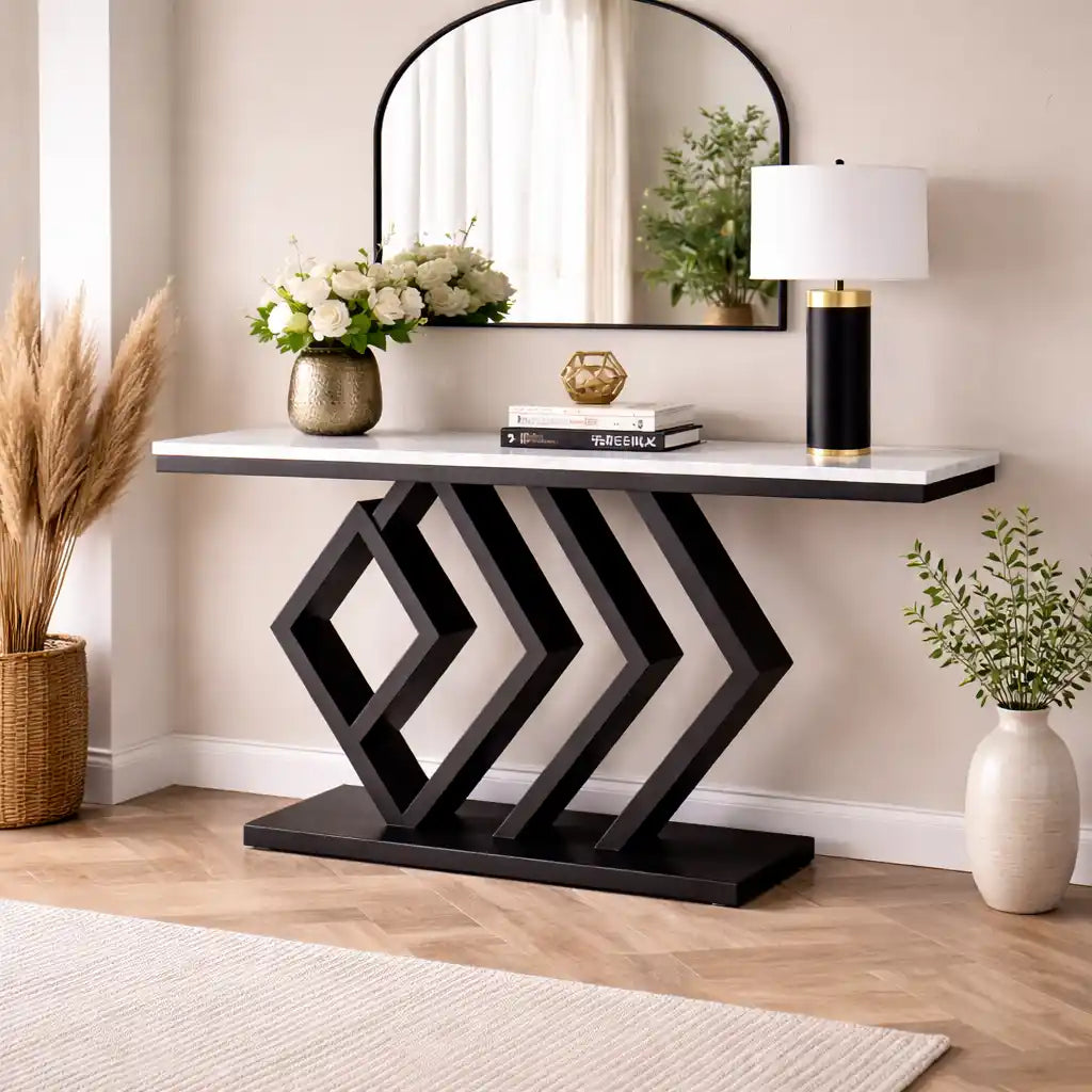 Sleek Sophistication White Marble Black Console Table