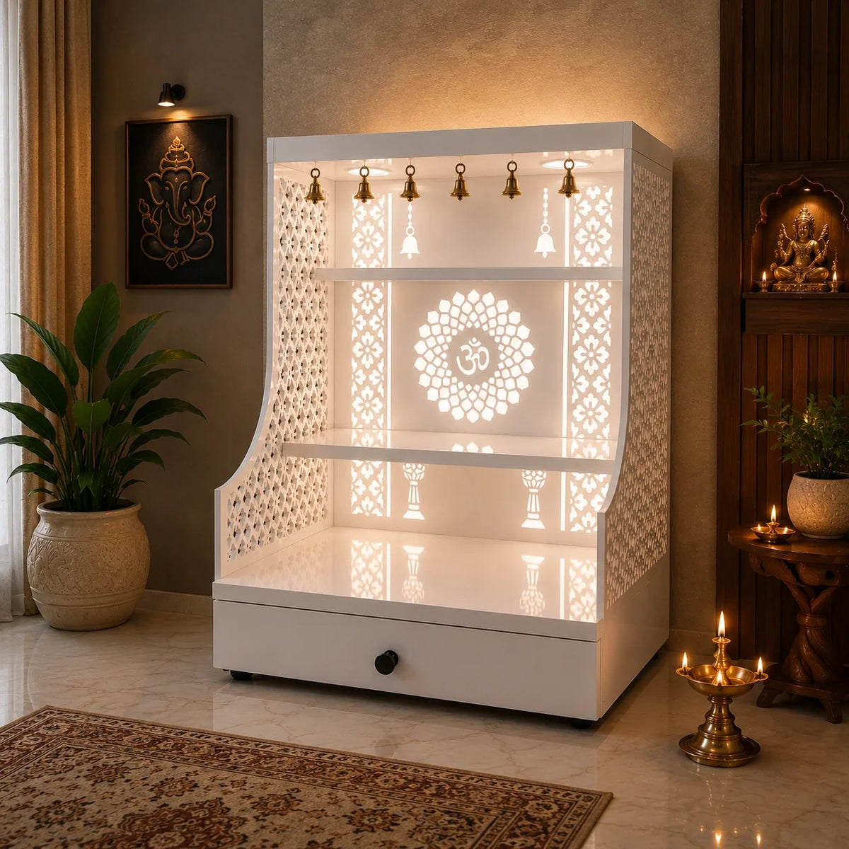 Small Home Mandir with Storage and Carved Floral Side Panels