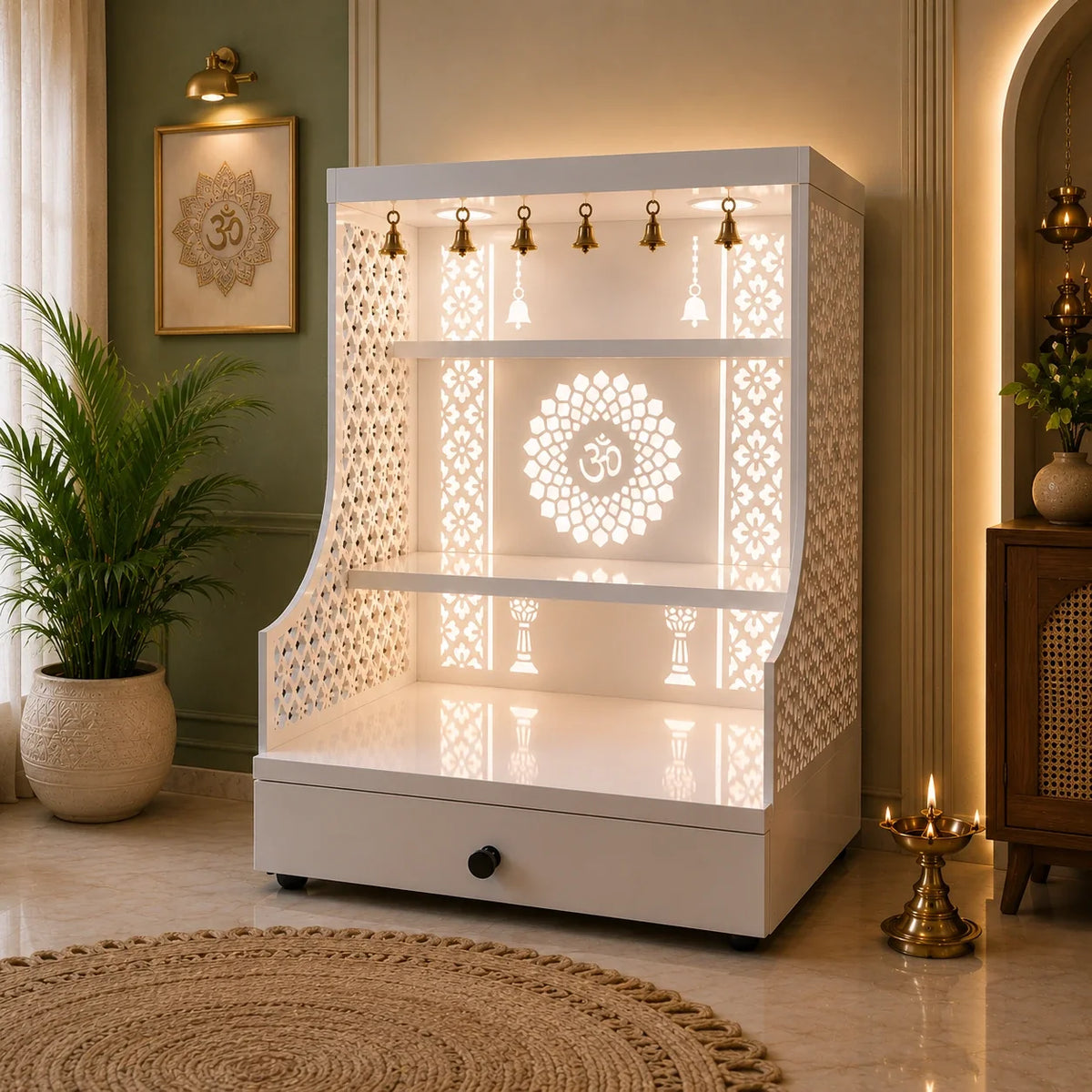 Small Home Mandir with Storage and Carved Floral Side Panels