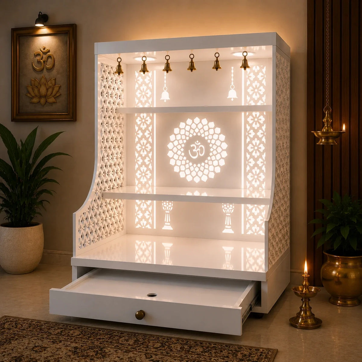 Small Home Mandir with Storage and Carved Floral Side Panels