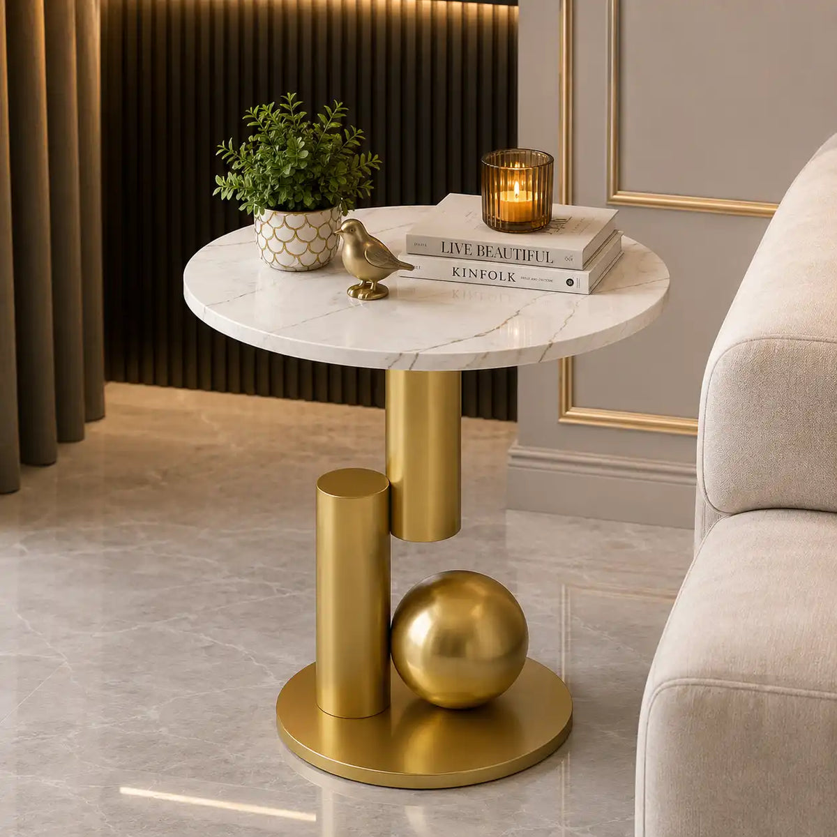 Small Round Marble Accent Side Table with Gold Base