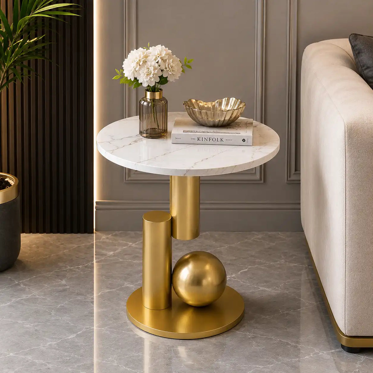 Small Round Marble Accent Side Table with Gold Base