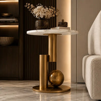 Small Round Marble Accent Side Table with Gold Base