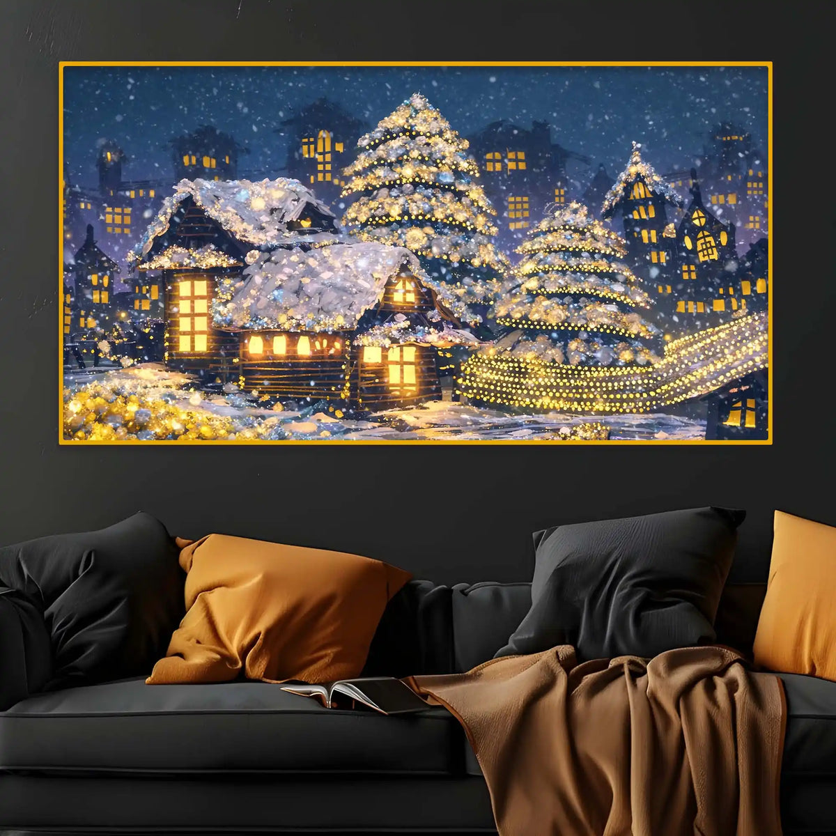Snow Village Night Scene Crystal Glass Wall Painting for Luxury Decor